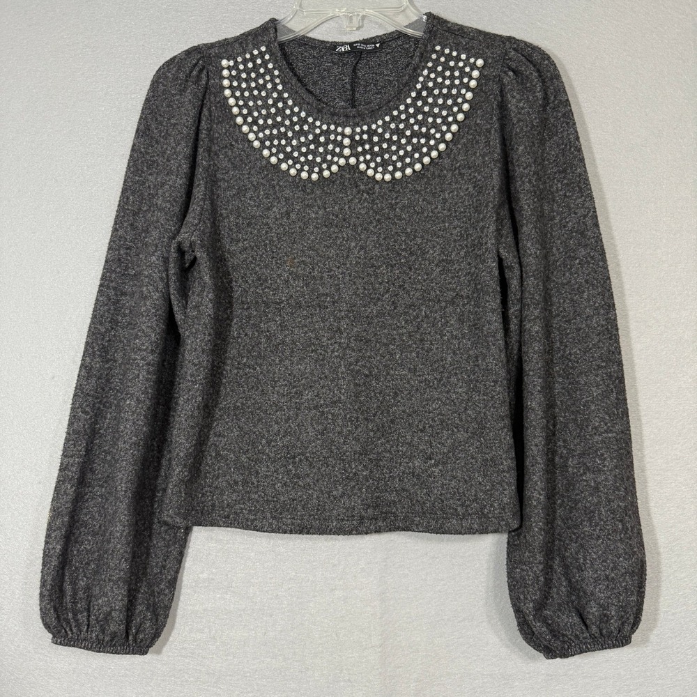 ZARA‎ Pearl Rhinestone Embellished Sweater Size S Long Sleeve Puff Shoulder